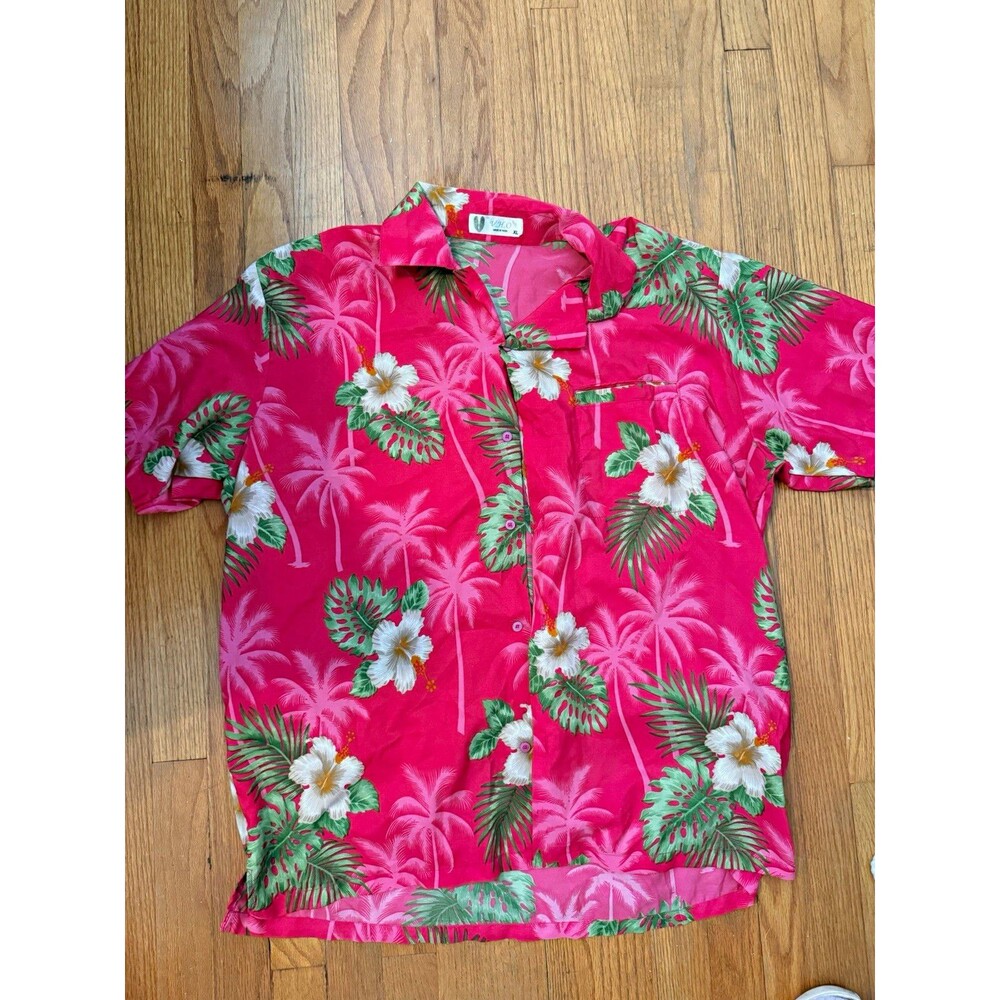 VHO Hawaiian Shirt Mens XL Pink Hibiscus Palm Tree Tropical Aloha Button Up